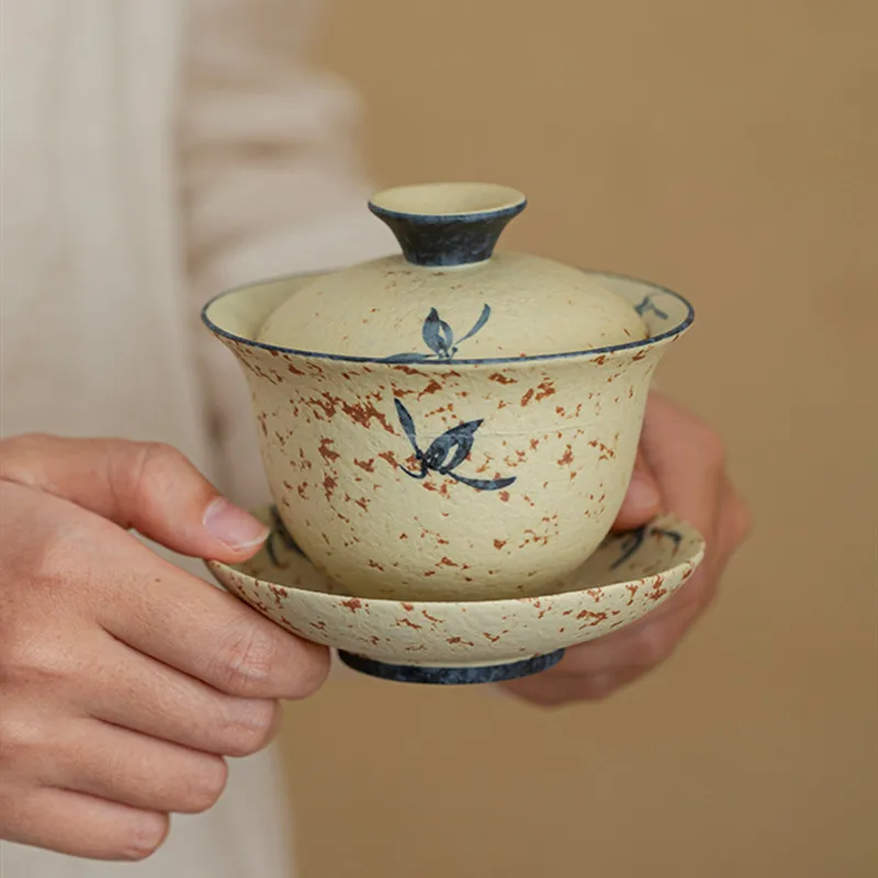 

Chinese Retro Ceramic Gaiwan Hand-painted Orchid Teacup Household Handmade Tea Tureen Travel Portable Teaware Accessories 140ml