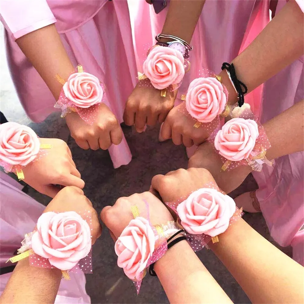 10Pcs Artificial Rose Wrist Flower Team Bride To Be Bridesmaid Gift Wedding Decoration Bridal Shower Bachelorette Party Supplies