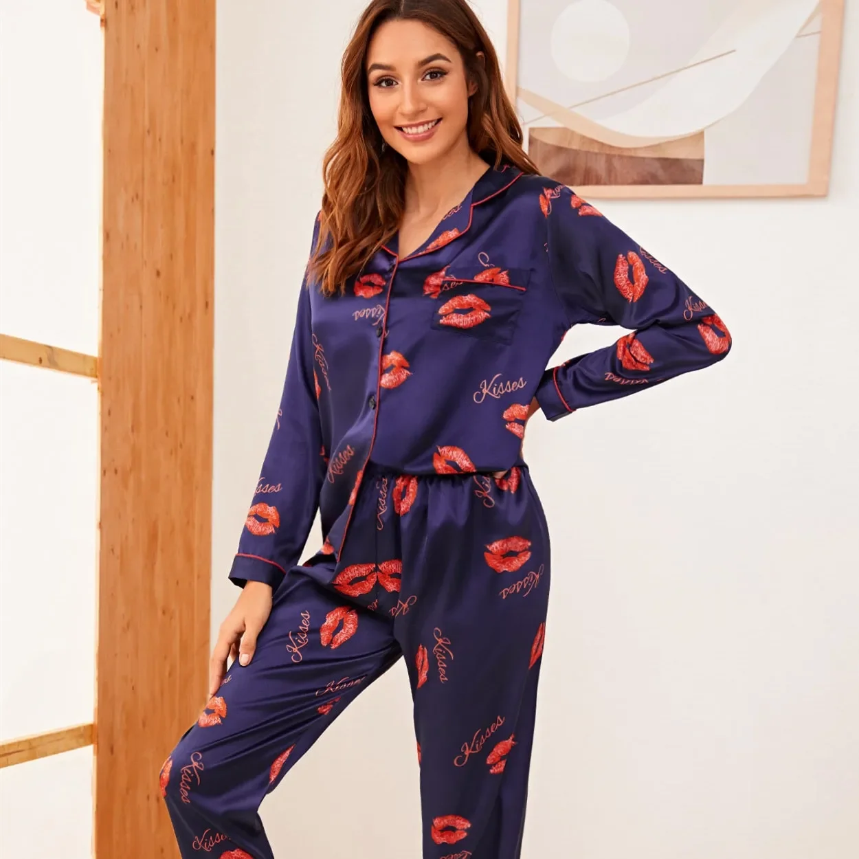 Flower Print Sleepwear Satin New Pajamas Suit 2Pcs Nightwear for Lady Satin Homewear Long Sleeve Shirt&pants Pyjamas Loungewear