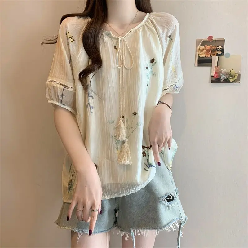 Women's Unique Chic 2026 Summer New Top Chinese Style Ancient Embroidery Short Sleeve Loose Fit Vacation Shirt Trendy 6