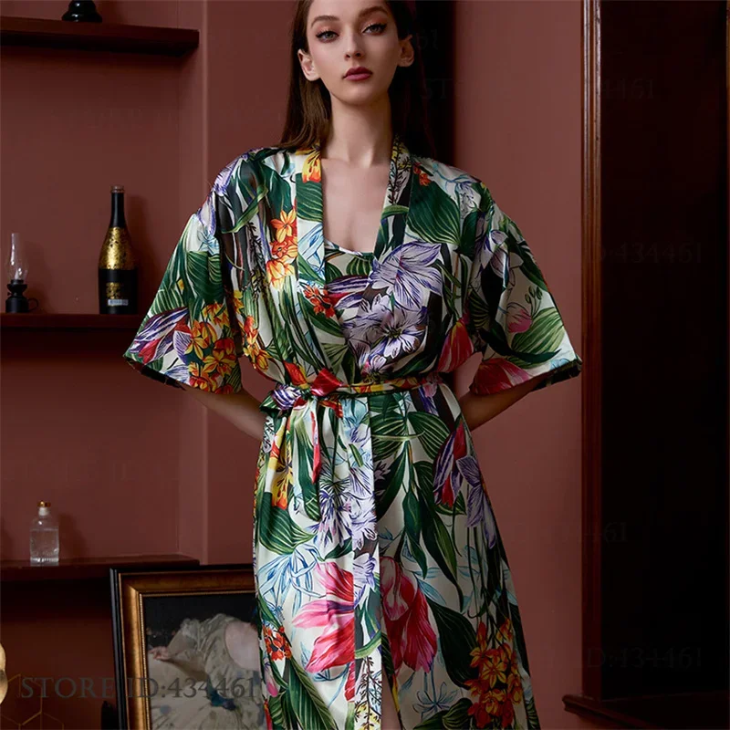 

Women's Robe Sleepwear Print Flower Kimono Bathrobe Gown Sexy Silk Satin Home Dressing Gown Nightwear Loose Casual Loungewear