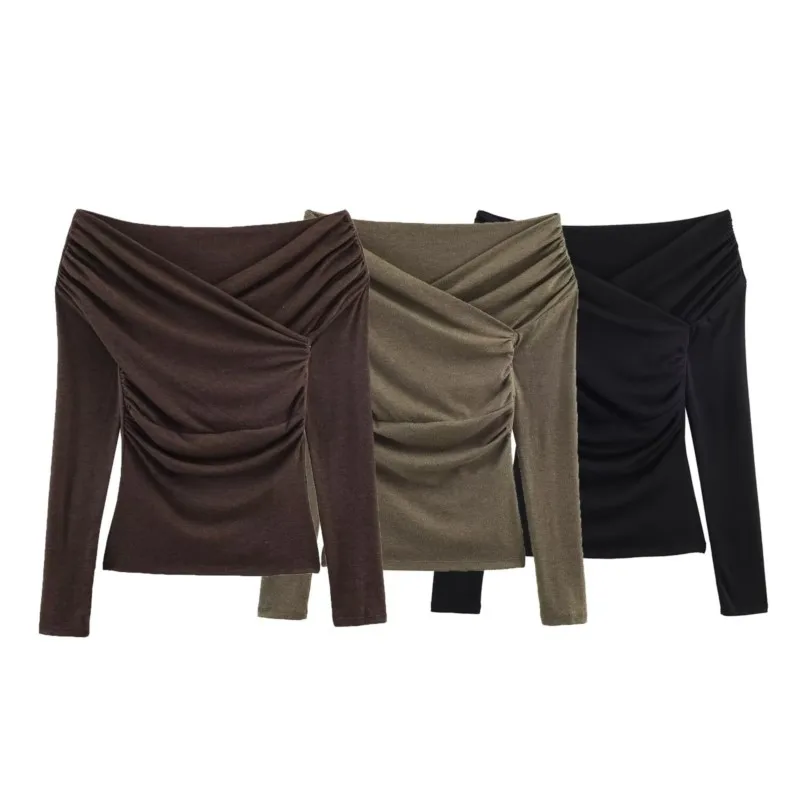 Top drapeado con cuello sobrepelliz para mujer, camiseta informal de manga larga para primavera y verano, Tops de calle con dobladillo recto para mujer