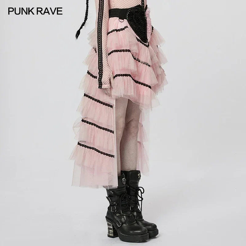 PUNK RAVE Women's Cute Cool Girl Skirt Light Multi-layer Fine Mesh Splicing Lace Peach Embroidered Long Skirts Women 2 Colors