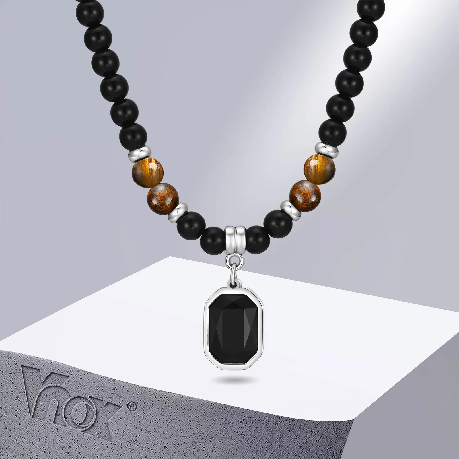 Vnox Geometric Square Pendant for Men Women, Black Beaded Tier Eye Stone Chain Necklaces, Sweater Chain