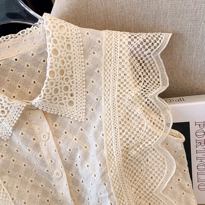 Elegant Embroidery Blouse Women Spring Summer Flying Sleeve Hollow Out Tops Shirts Blusas Mujer