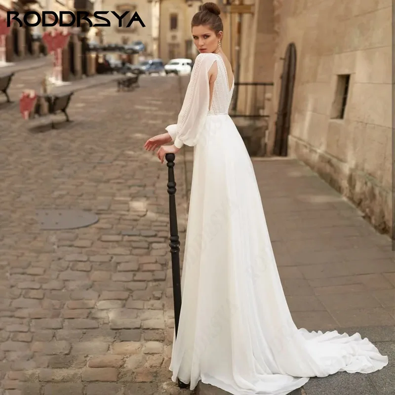 RODDRSYA Sexy O-Neck A-line Wedding Dresses Boho Chiffon Fuff Long Sleeve vestido de novia bohemio Elegant Lace Bridal Party