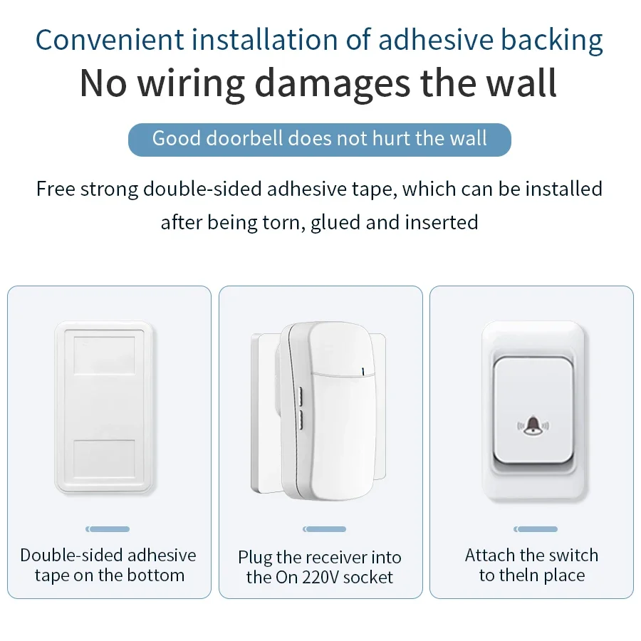 Campainha inteligente sem fio para exterior, parede penetrante alarme de sinal, anel cinético carrilhão, impermeável, UE e EUA Plug, 23A, bateria 12V