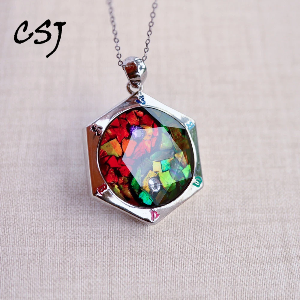 Real 925 Silver Ammolite Hexagram Pendant Origin Canada Gemstone Necklace for Women Man Dainty Party Jewelry Gift