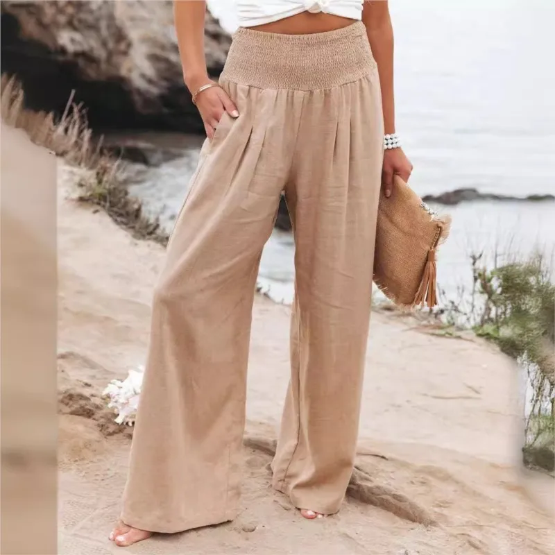 Women's Casual Elastic Waist Pants Spring Autumn Fashion Pocket Comfortable Grid Solid Versatile Mid Waist Beach Wide Leg Pants