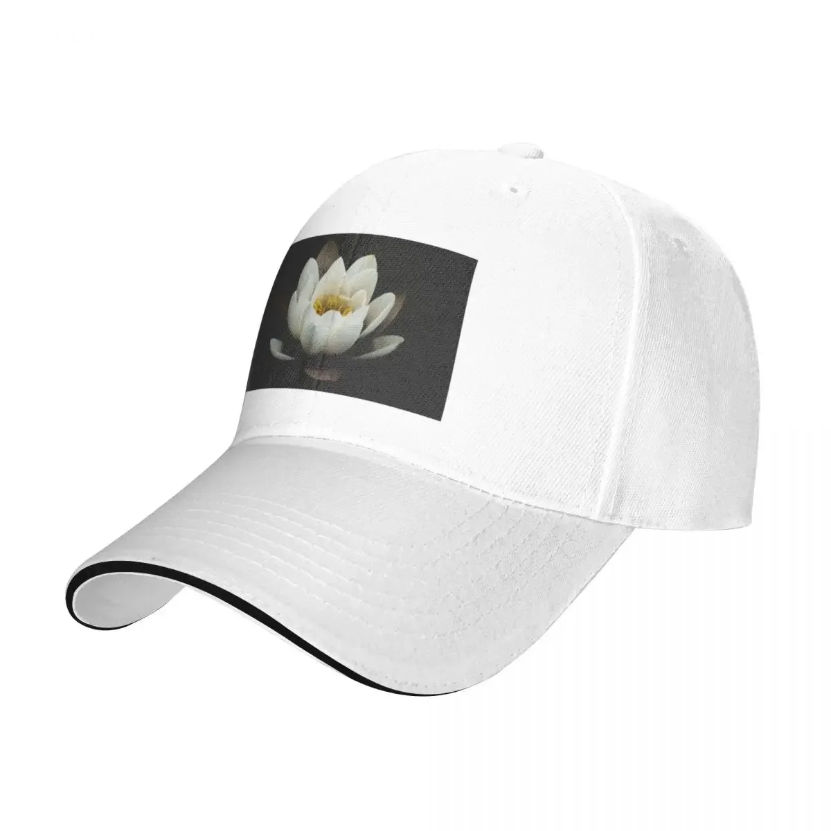 Stunning Floral Design White and Yellow Water Lilly in Lilly Pond Black Background Cap Baseball Cap golf mens caps Women's