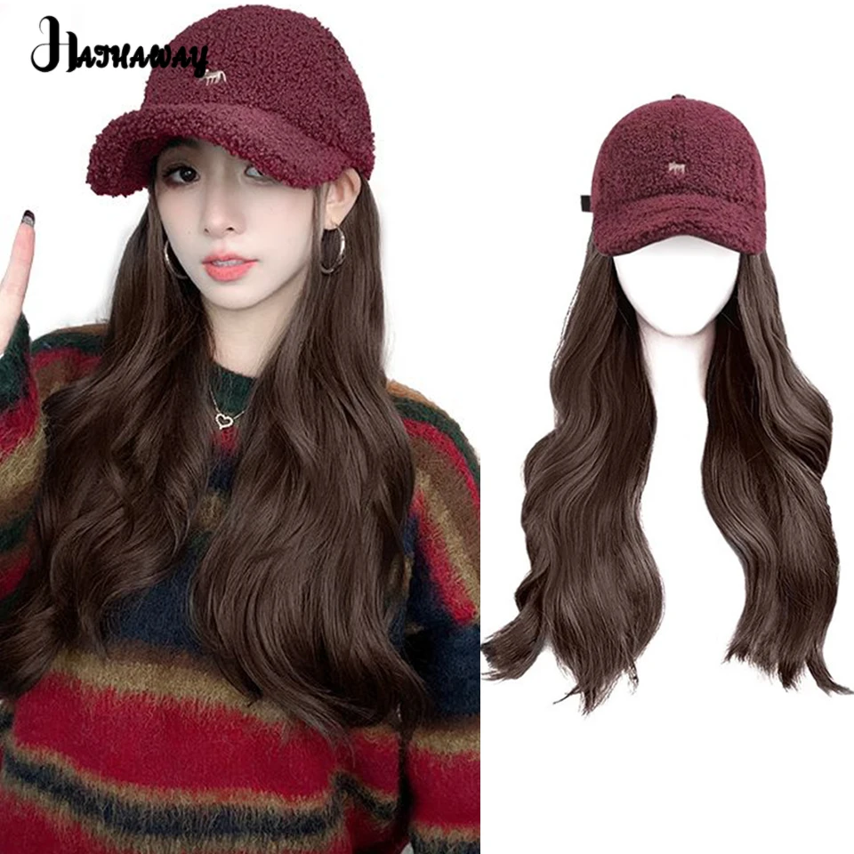 Hat Wig Fox Embroidered Lamb Hair Baseball Synthetic Hat Wig One Autumn And Winter Long Curly Hair Wig Full Hair Daily Wear