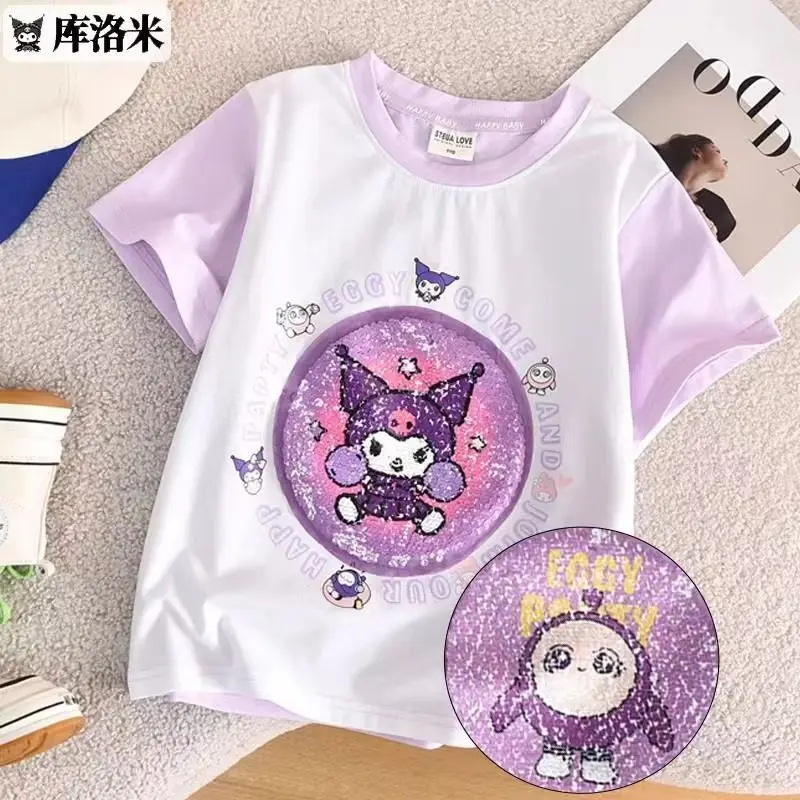 Kawai Anime Sanrios Kuromi Cartoon Cinnamoroll Kinderen Katoenen T-Shirt Losse Veelzijdige Tops Casual Zomer Kinderkleding