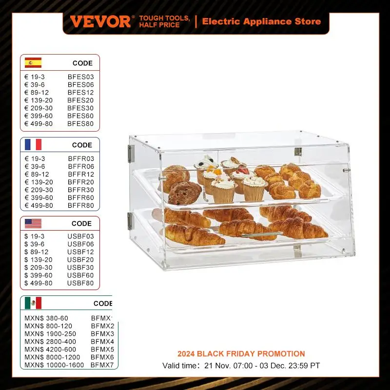 VEVOR 2 Tray Clear Pastry Display Case Acrylic Commercial Countertop Bakery Display Case with Front and Rear Door for Bread