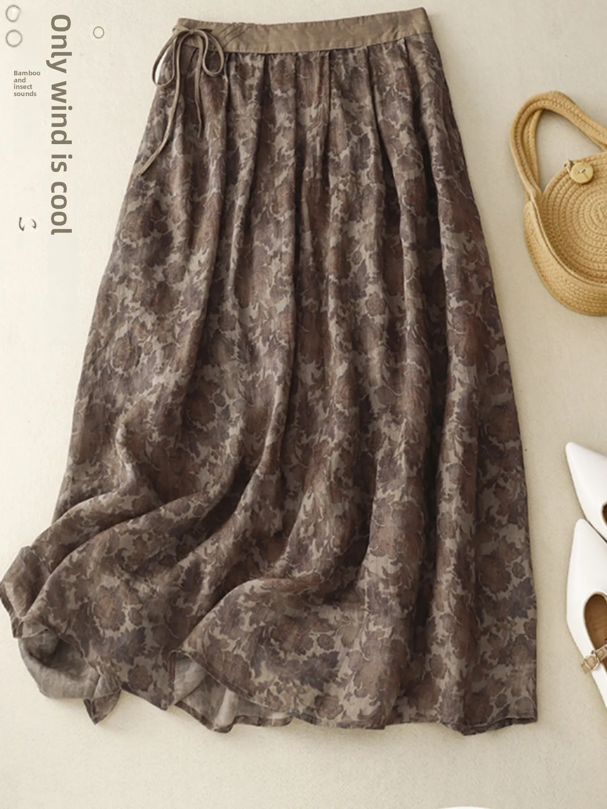 

Хлопково-льняная юбка трапециевидной формы с высокой талией и принтом в стиле ретро, утягивающая драпированная юбка трапециевидной формы для женщин, юбки длиной до пола