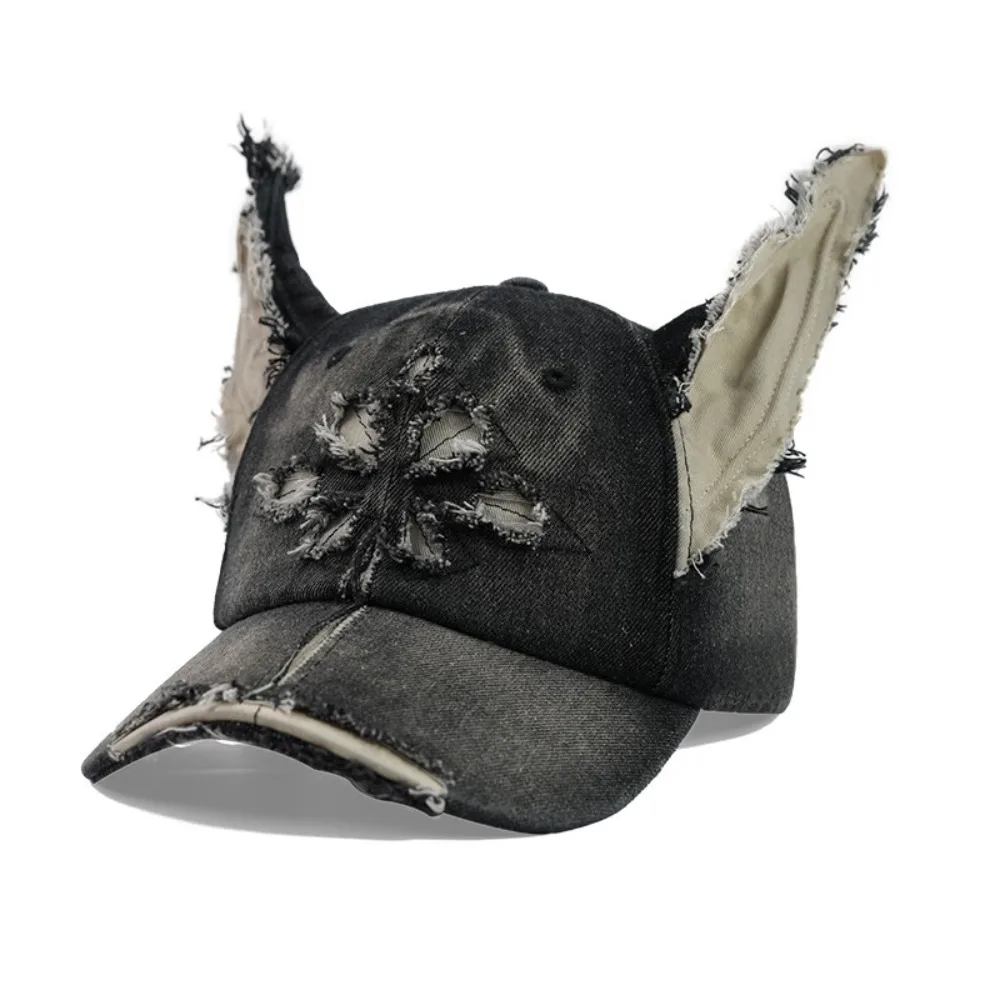 Kawaii Washed 3D Doberman Ears Denim Cap Y2K Casual Women's Sun Hat Adjustable Streetwear Hat for Women