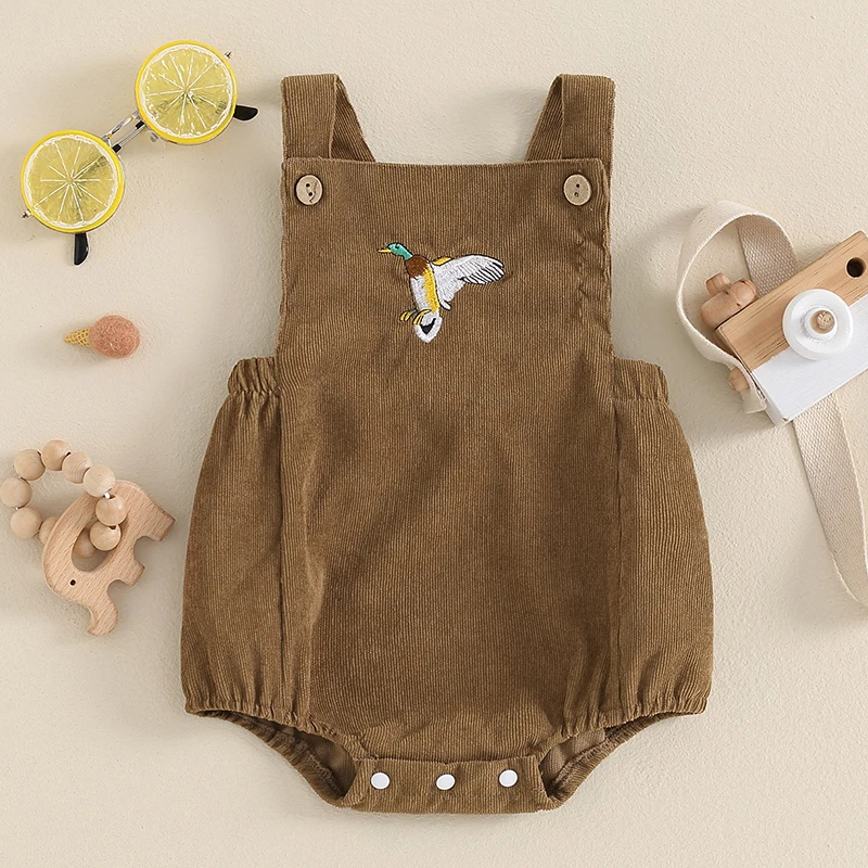 2024-03-19 Lioraitiin Toddler Baby Boys Girls Corduroy Mallard Duck Romper Sleeveless Embroidered Hunting Overalls Clothes