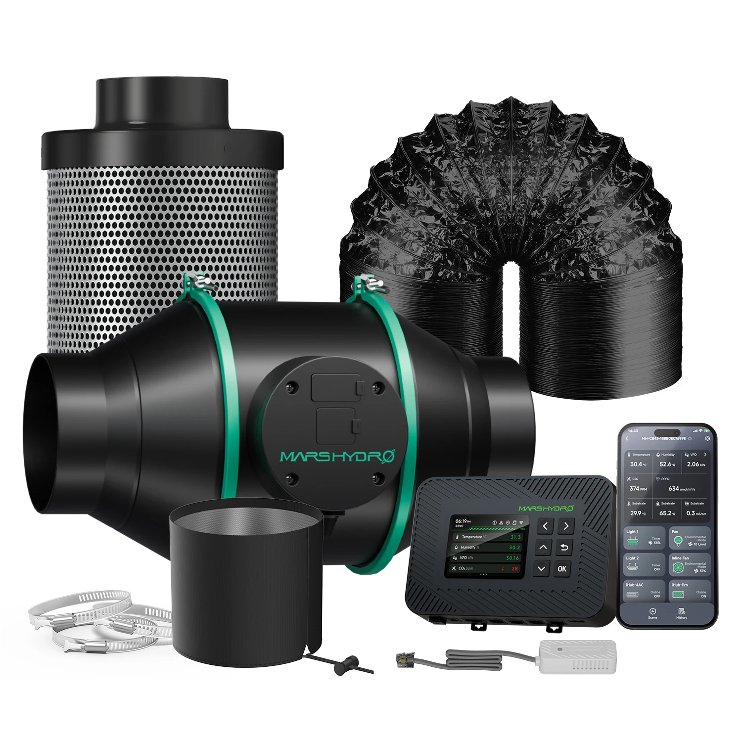 Mars Hydro iControl 4" 6" Smart Inline Fan Duct Kit met Koolstoffilter voor Grow Tent Ventilatiesysteem Koeling en Luchtvochtigheid
