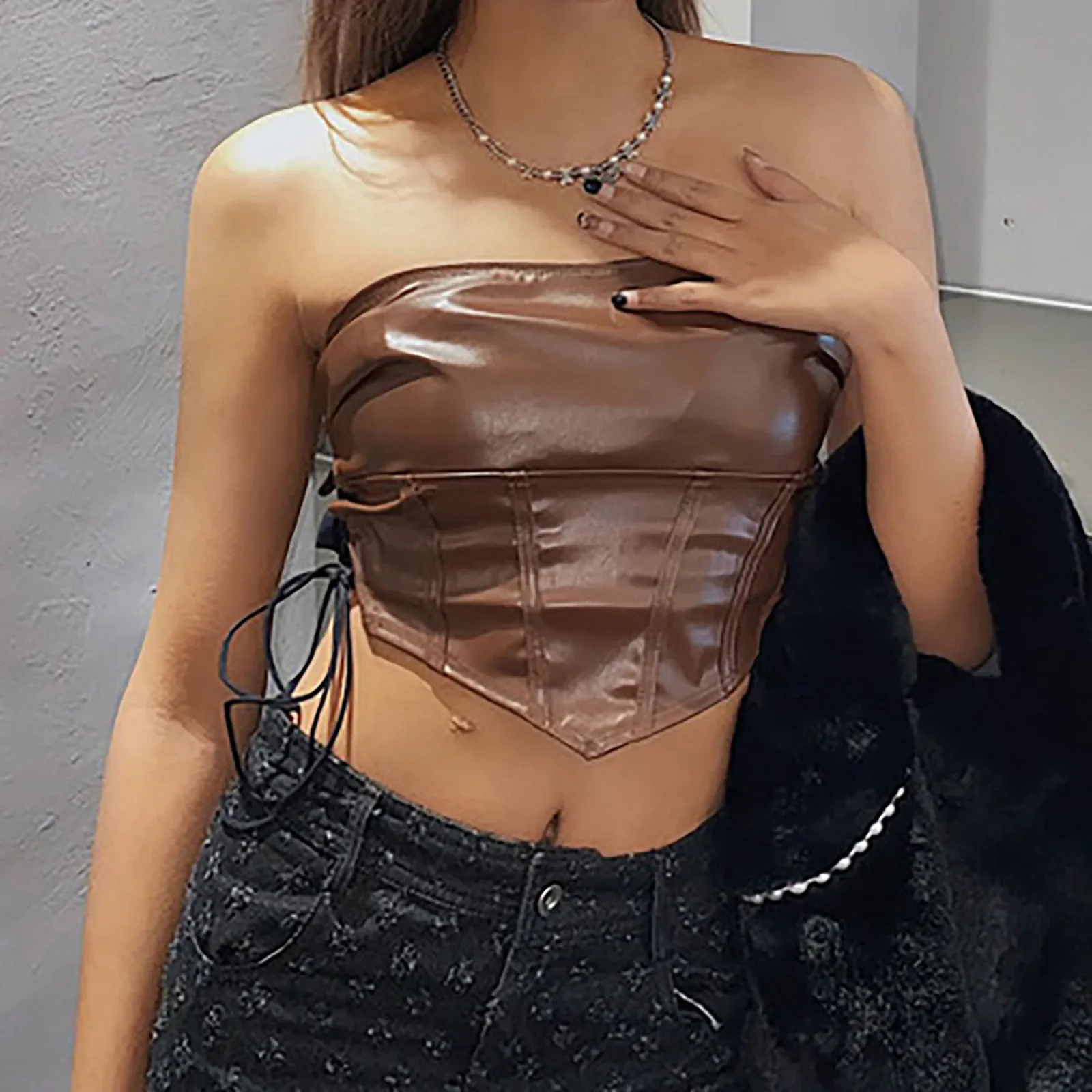 Sexy Ladies PU Leather Women Strapless Tube Top Female Solid  Tanks Vest Sexy Backless Skinny Off Shoulder Sleeveless Crop Tops