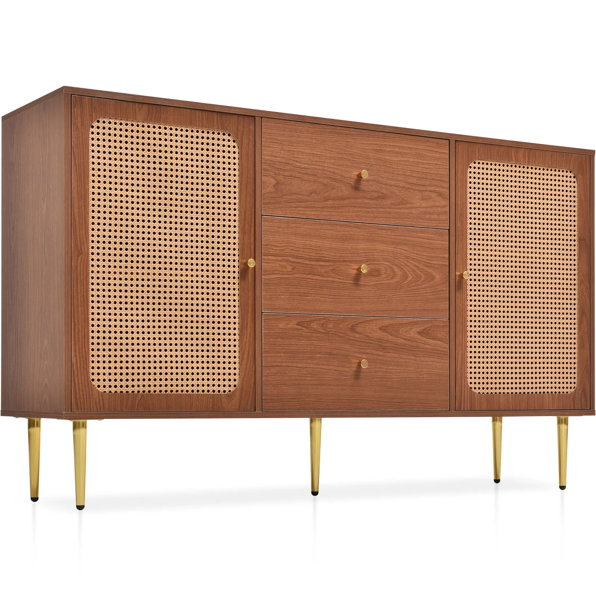Kommode mit 2 Türen, 3 Schubladen, Rattanschränken, verstellbarem Regal, Walnuss-Finish – H90/B150/T40 cm. – Detail 23
