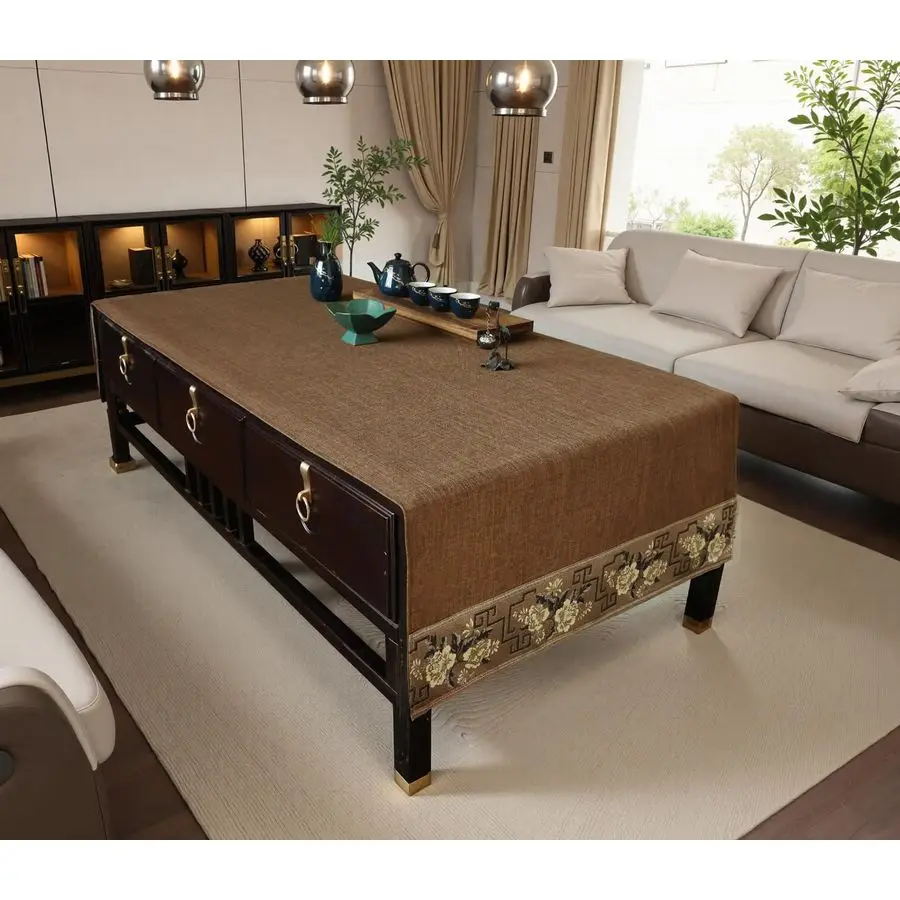 

Feature Coffee Table Cover Rectangle with Embroidered Flowers.Coffee Table Cloth and Tea Table Runner for Living Room,Machine Wa