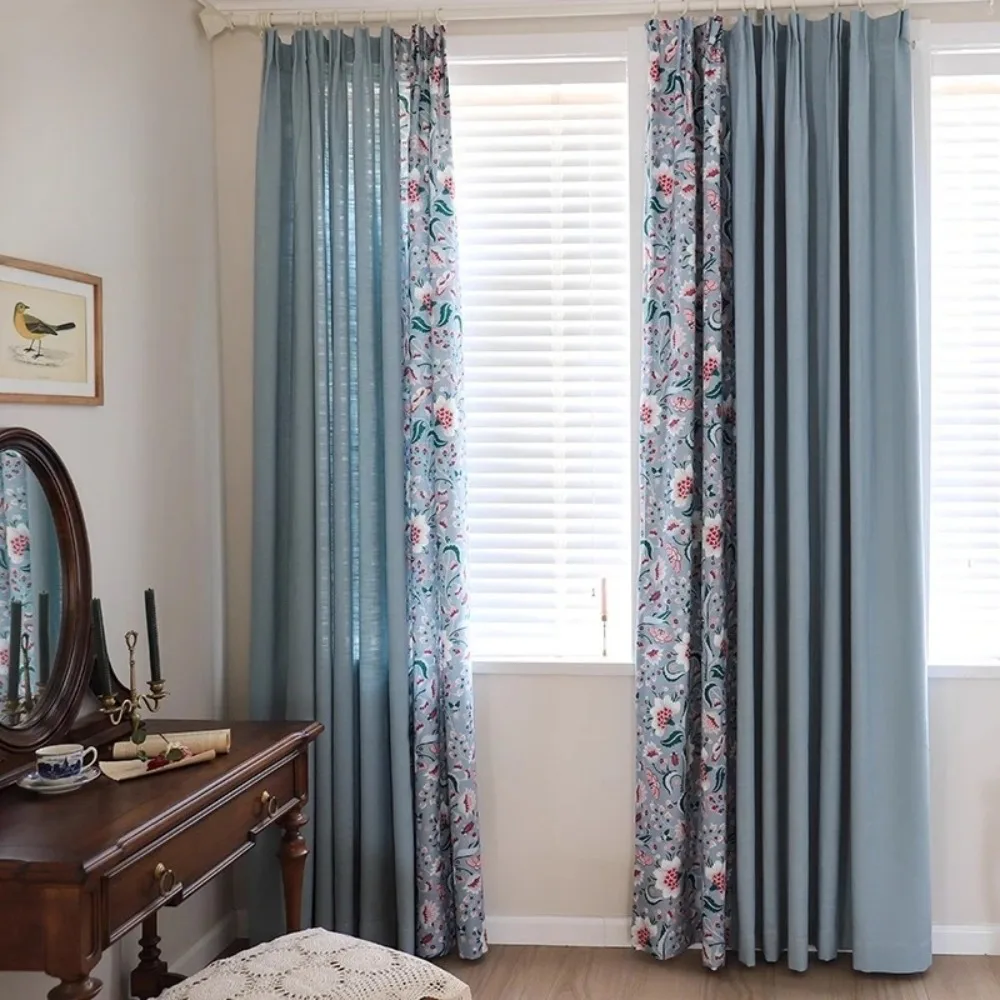Butterfly Flower Blue Spliced Blackout Curtains for Living Room Bedroom Floor Standing Custom Thermal Insulated