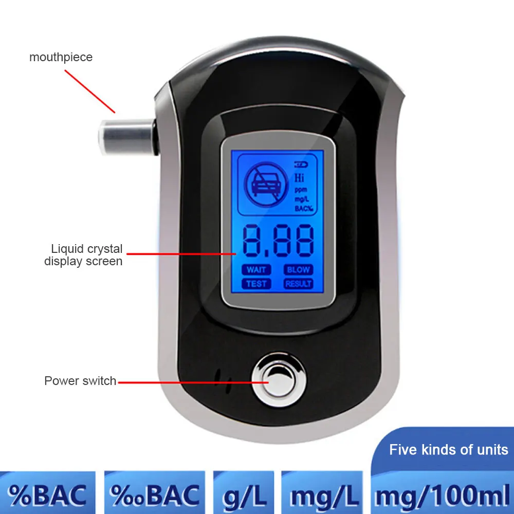 AT6000 Professional Police Breath Breathalyzer LCD Digital Alcohol Tester High-Precision Alcohol Detector with 5 Mouthpieces