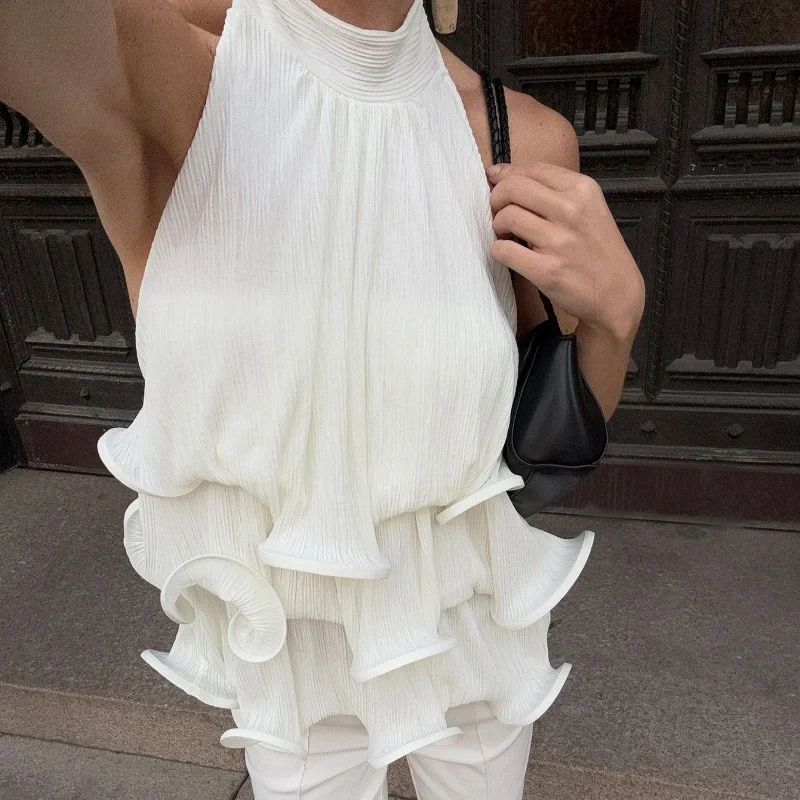 Sexy Rüschen-Neckholder-Top für Damen, einfarbig, ärmellos, rückenfrei, schmal geschnitten, Weste, Damenmode 2026, Sommer-Urlaubstop, Damen