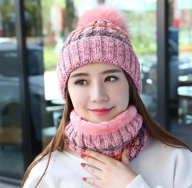 Winter Women Knitted Hat Scarf Set Girls Woman Warm Beanies Plush Hat And Ring Scarf Mix Color Female Lady Pom Pom Cap Scarves