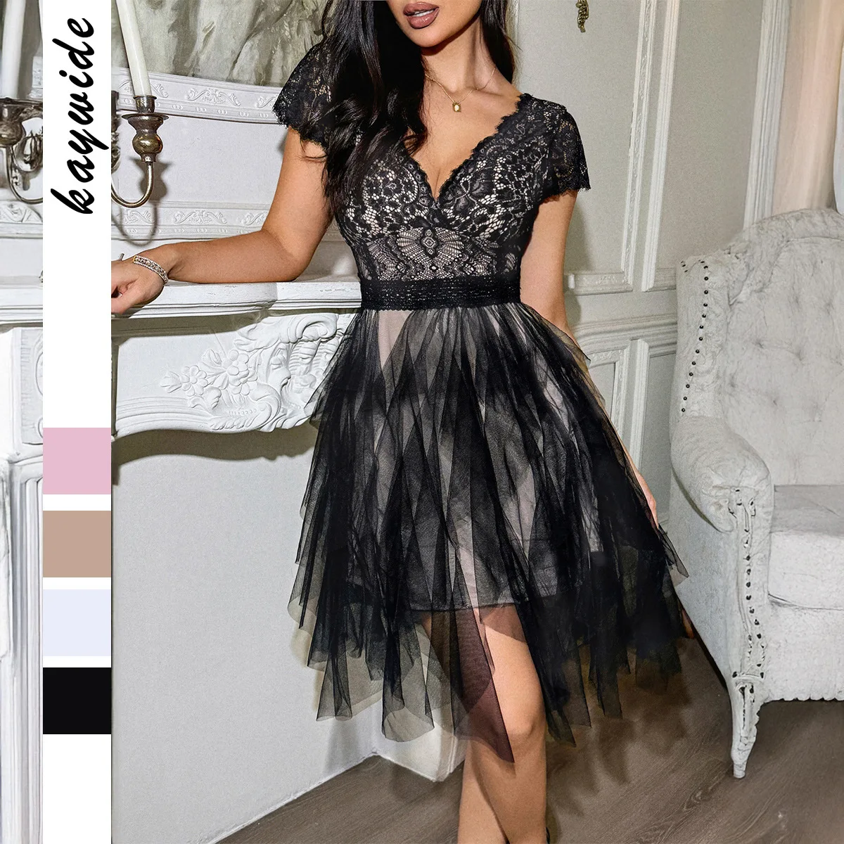 Ele ort Sve V-Ne Lace Dr Cross-Border Spring Summer Faion for Women Midi Skirt Dr Sli Casual Dr