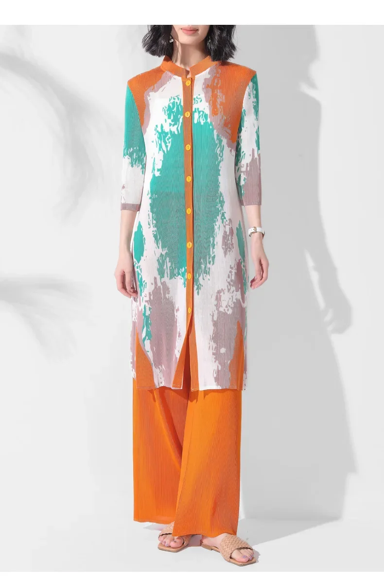 Miyake Fashion Folds 2 Piece Set Women's Stand Up Collar Single Breasted Top Wide Leg Pants 2025 Summer New Tide