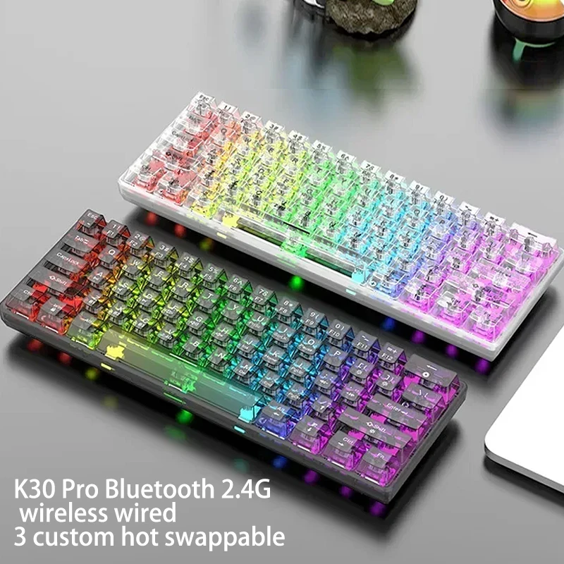 

K30 Pro Bluetooth 2.4G Wireless Wired 3-mode Transparent Mechanical Keyboard White Axis Customized Hot-swappable RGB Backlight