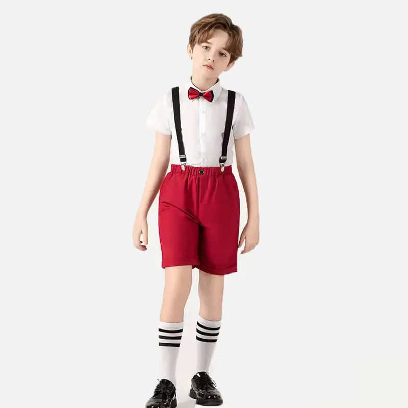 Boys Fistival Birthday Dress Back To School Kids Costume 4Pieces/Set Shirt Shorts Suspenders Bowtie Children Photograph Suit