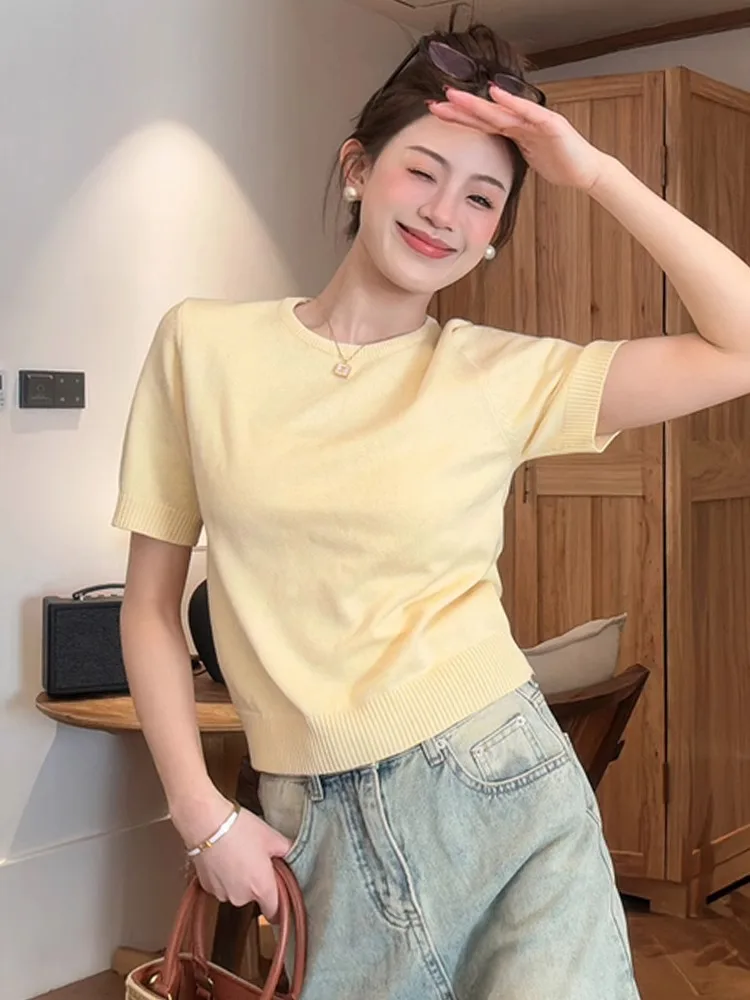 

Yellow round Neck Knitted Short Sleeve T-Shirt Women's Summer 2024 New plus Size Slimming Short Length Shoulder Appropriate Top
