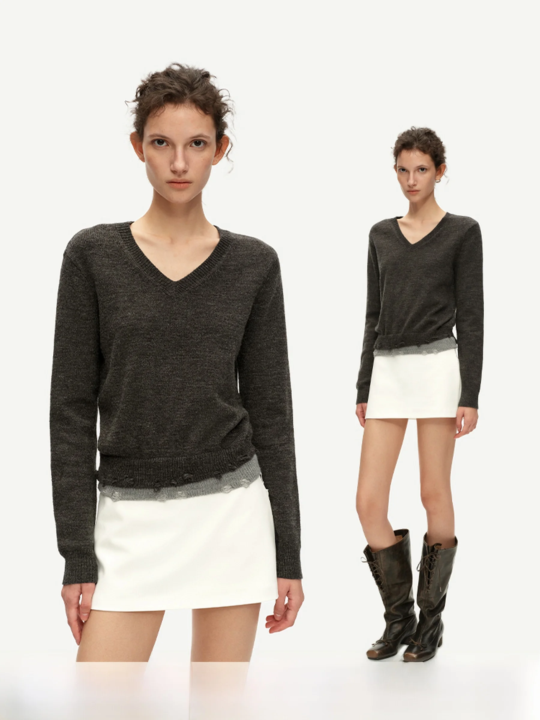 

PUKI Woolen Sweater V-Ne Color Blo Long Sve Slim Fit Hole Design Faionable Ladies Knitwear Autumn Collection 2025