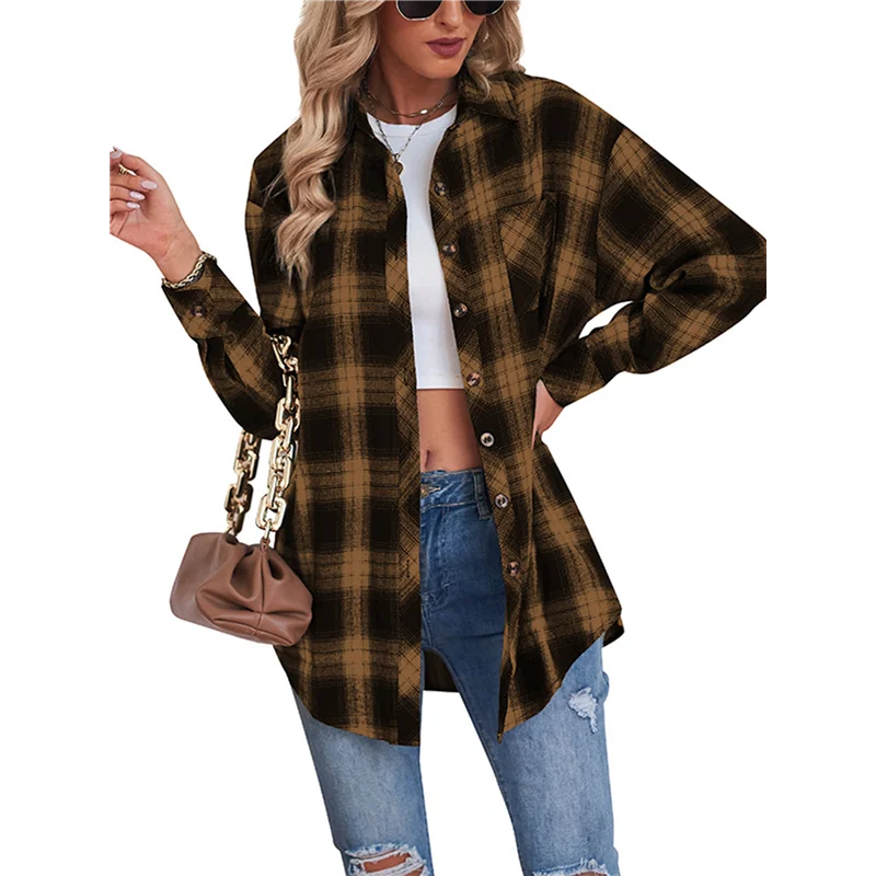 【SEE】 Camicie da donna in flanella abbottonata a maniche lunghe con mantelle scozzesi Camicetta casual da lavoro