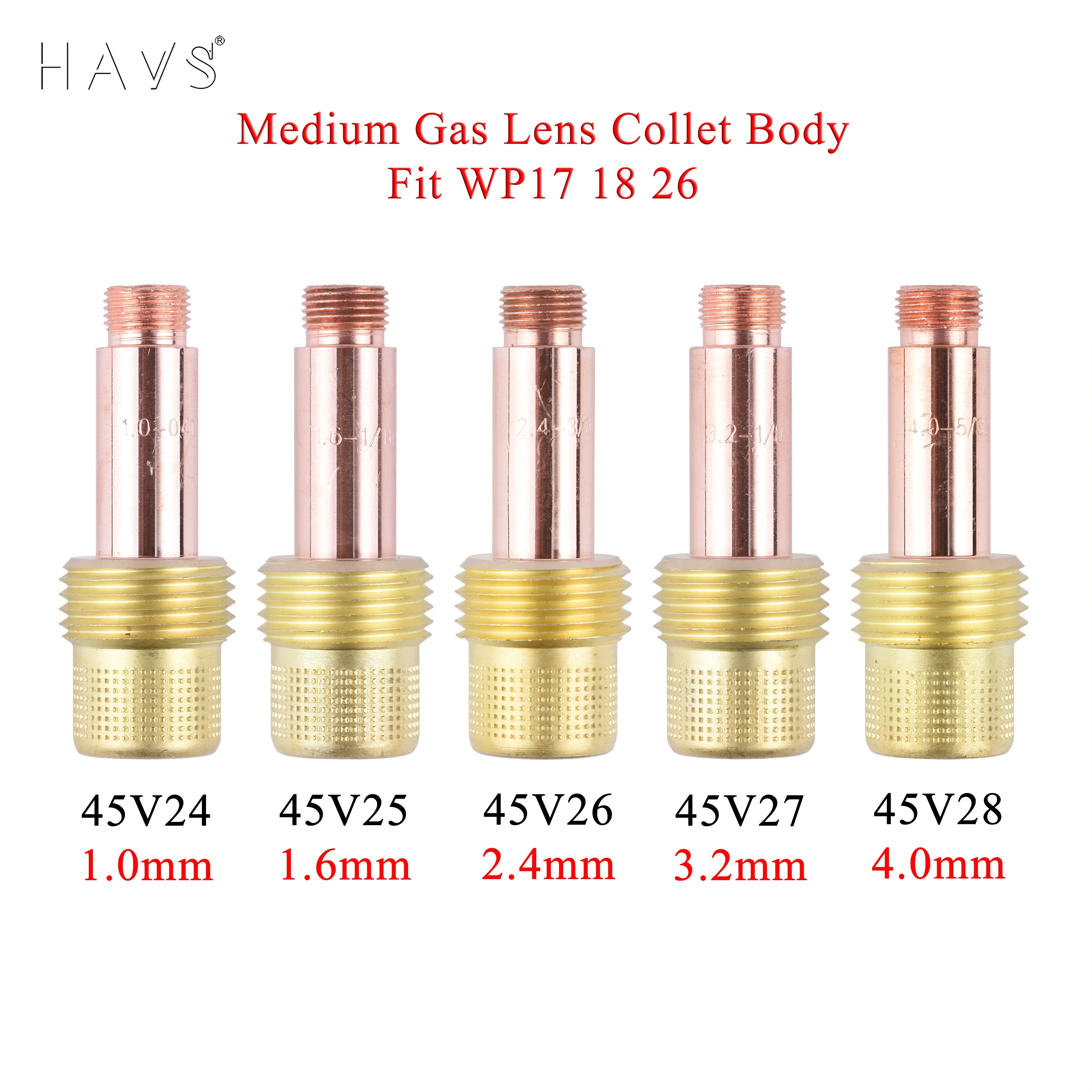 5/10Pcs 1.0/1.6/2.4/3.2/4.0mm TIG Medium Gas Lens Collet Body 45V24 45V25 45V26 45V27 45V28 For TIG WP17/18/26 Welding Torch Kit