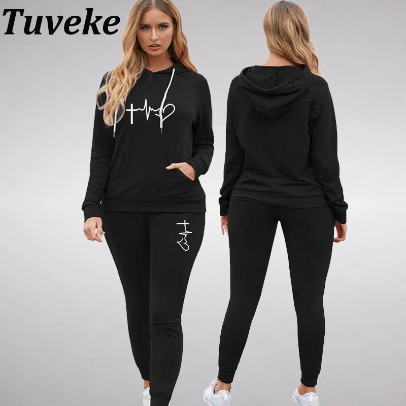 

Tuveke Women's Faith Print Autumn/Winter Hoodie Set Sports Pullover + Drawstring Pants Solid Color Casual Women's Sports Set