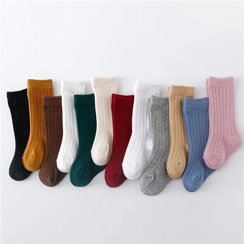 0-5Years Baby Boys Girls Long Socks Cotton Solid Color Striped Soft Kids Knee Children\'s stocking School Sport Baby Sock 12Color