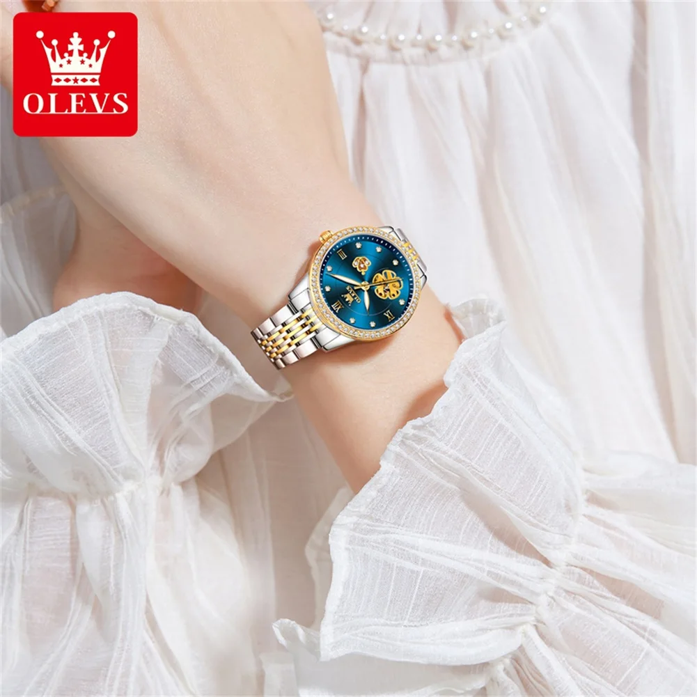 OLEVS Women\'s Watches Elegant Fashion Hollow Flower Dial Automatic Wristwatch Waterproof Jubilee Strap Bracelet Necklace Set