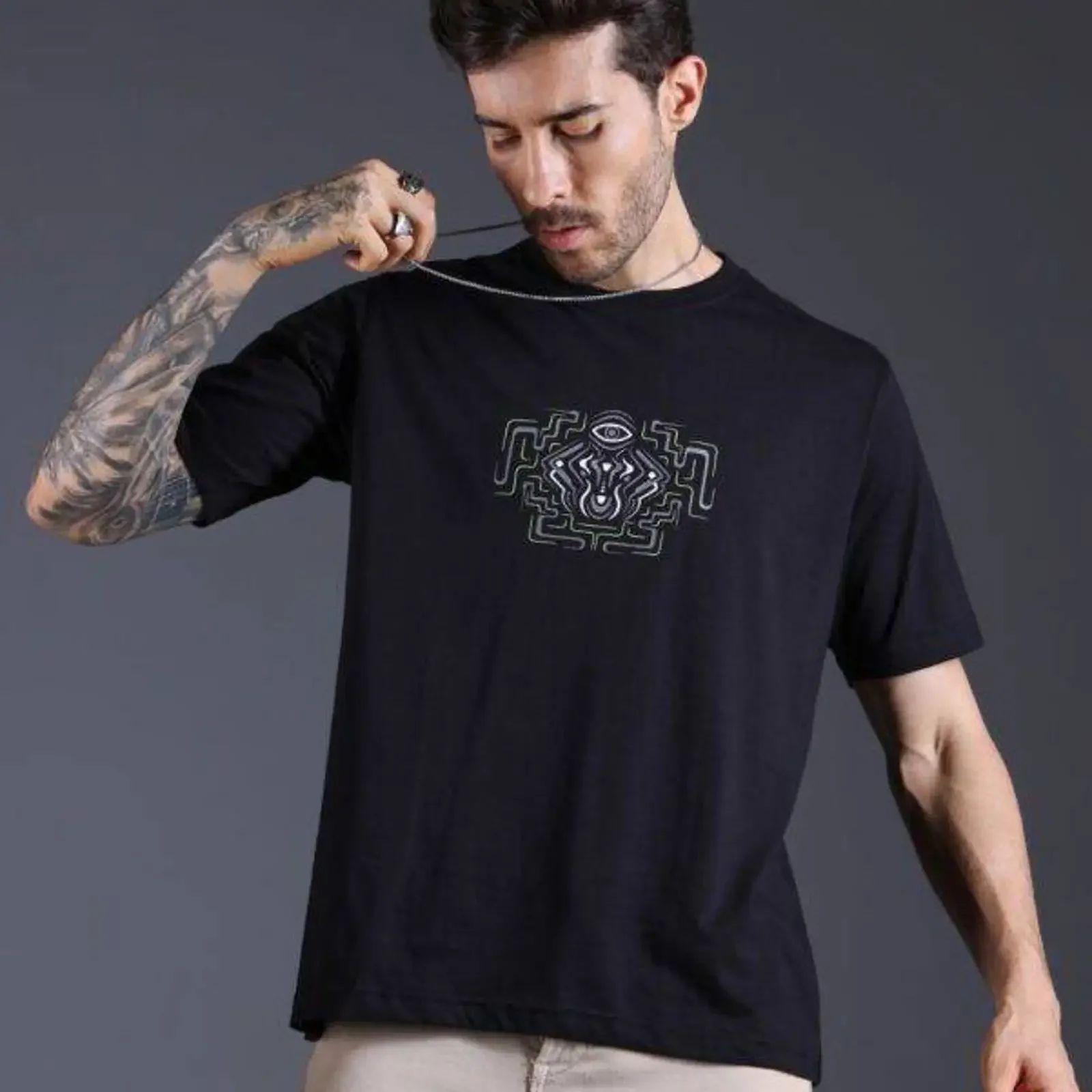 T-shirt vintage délavé homme, extensible, décontracté, confortable, légèrement doux, réactif aux UV, effet noir luminescent, Esprit Sacré