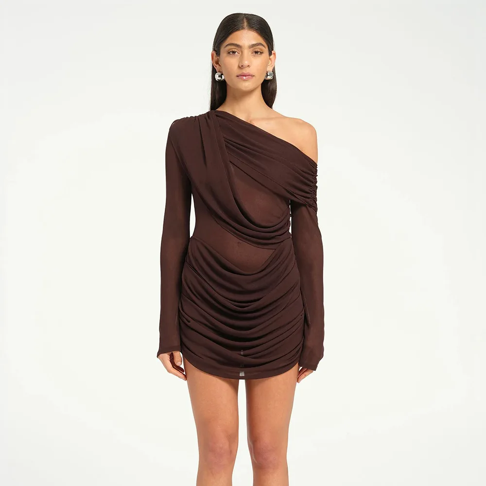 

Fmxires Mesh Slanted Shoulders Ruched Dress For Women Long Sleeve Sexy Slim Chiffon Mini Dress Female Elegant High Waist Fashion