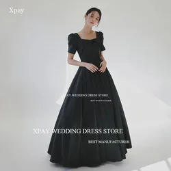 XPAY Elegant Black Satin Square Neck Korea Evening Dresses  Customised Draped Short Sleeve Prom Gowns Floor Custom Party Dress