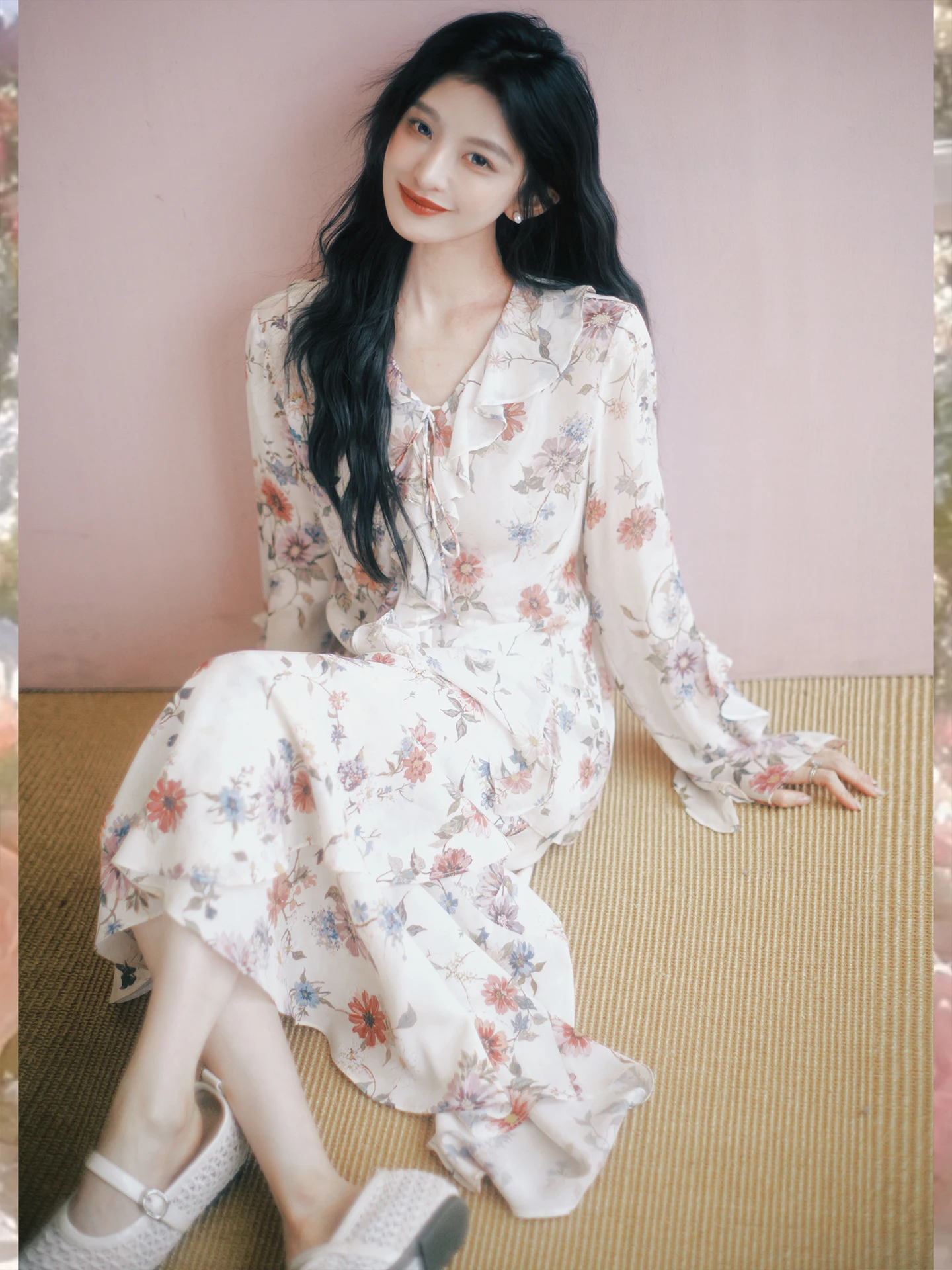 

Zhaoda Xi Silk Set Romantic Style Long Sleeve V-Neck Gown with Half Skirt And Top Spring Floral Print Women's Premium Fashion