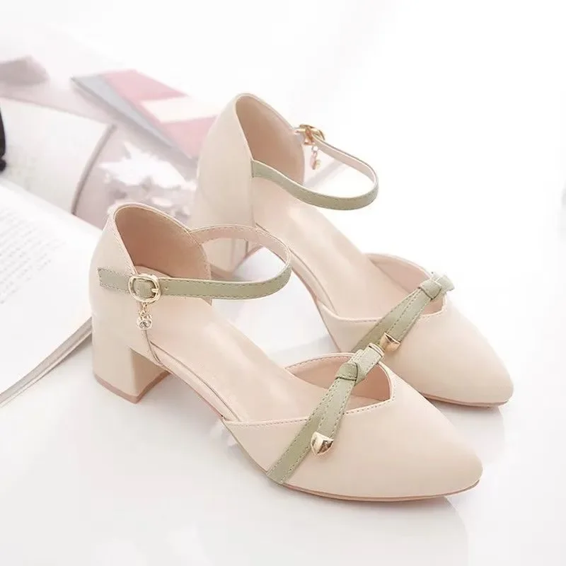 Zapatos De Mujer Women Fashion Bow Tie High Quality Beige Patent Leather Buckle Strap Spring Shoes Lady Cute Office Heels A222