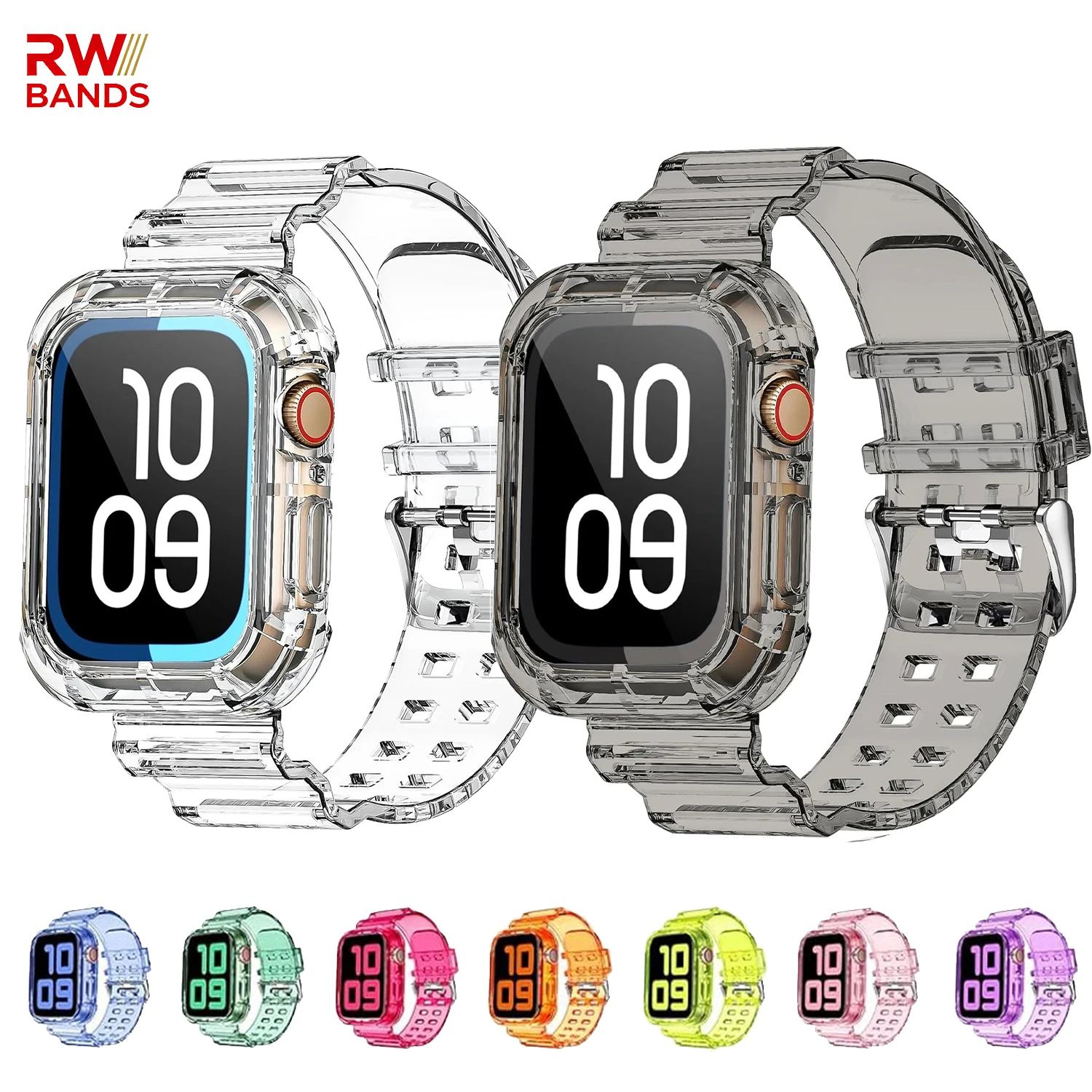 Transparentes Band + Gehäuse für Apple Watch Serie 10, 9, 8, 7, 6, 5, Ultra 2, 49 mm, 46 mm, 42 mm, 45 mm, 41 mm, transparent, für iwatch 40 mm, Kunststoffarmband
