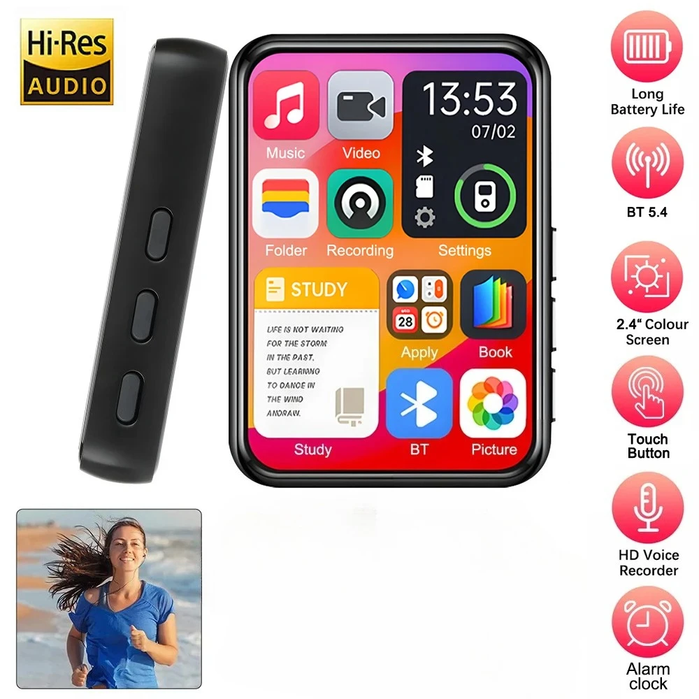 Reproductor MP3 con Pantalla Táctil de 2.4 Pulgadas, Bluetooth 5.4, Altavoz Integrado, Reproductor de Música HiFi Portátil, Walkman MP3 con Libro Electrónico/Grabación