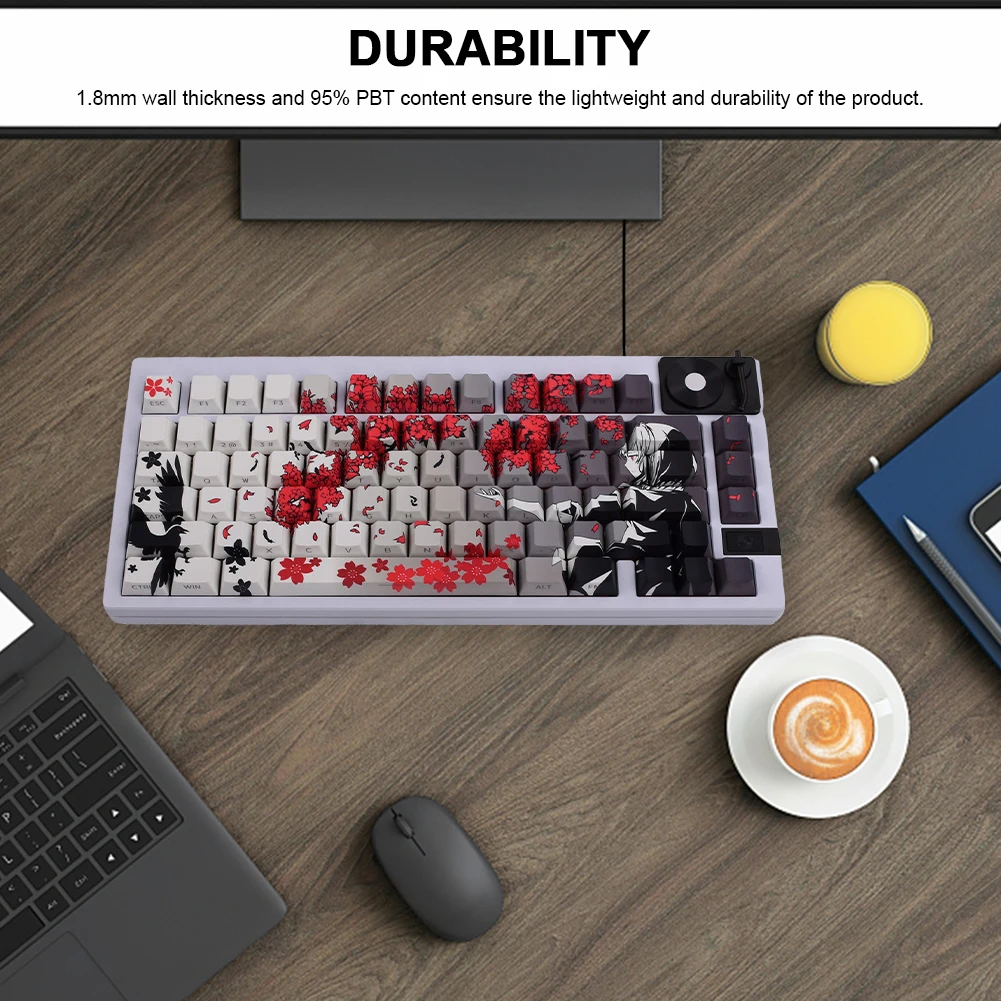 Set Keycap Raven Sakura 129 Key, Keycap PBT Dye Sub, Keycap Kustom untuk Keyboard Mekanik 60/75/80/87/98/104/108