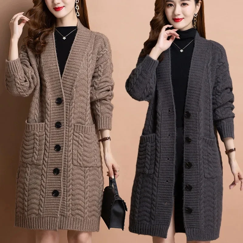 Gruba luźna dzianina kardigan o średniej długości z dzianiny w stylu Casual eleganckie swetry Oversize damskie Gilet nowe koreańskie modne kurtki
