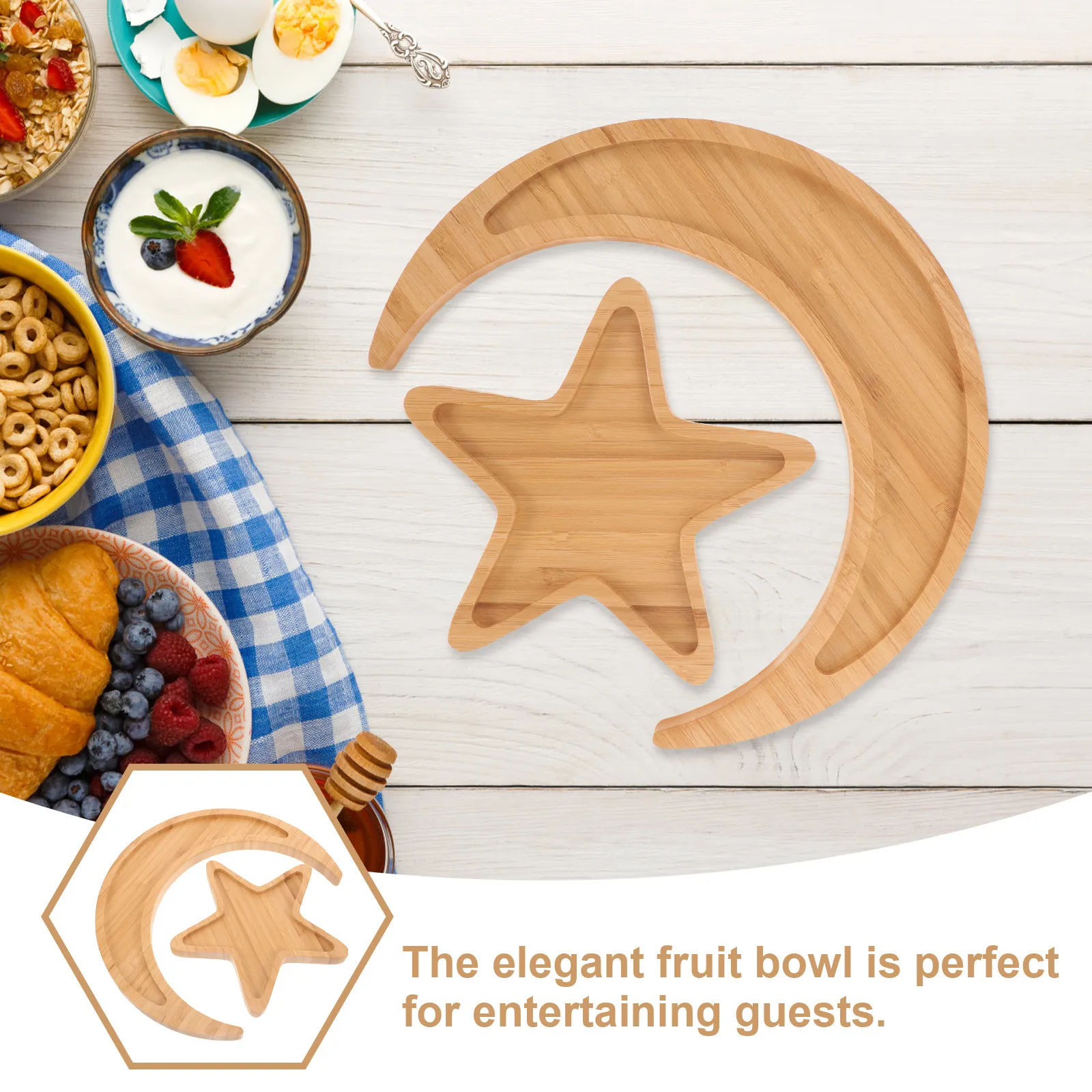 2Pcs Star Moon Design Bamboo Fruit Tray Sturdy Wear-Resistant Serving Dish for Candy Dried Fruit Tea Cups Table Organization