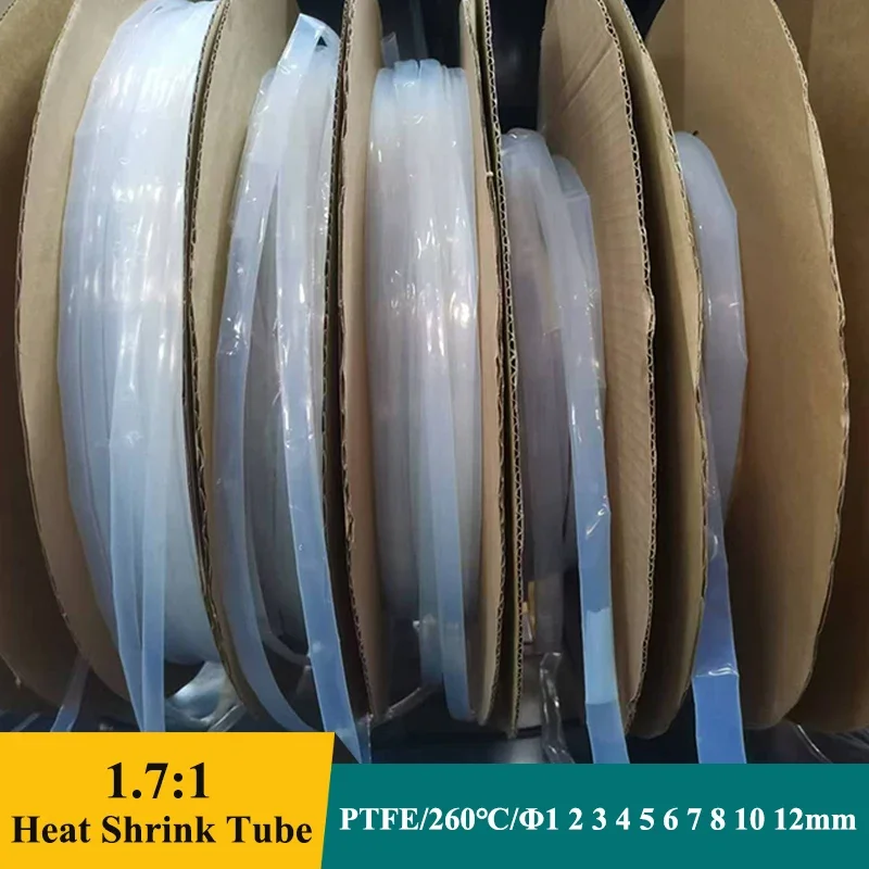 1/5/10/30M 1.7:1 Transparent Heat Shrinkable Sheath PTFE 0.5mm ~ 12mm 260℃ 600V High Temperature Pipe Shrink Tubing For Wires